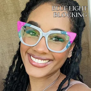 Retro multi-colored cat eye glasses with anti-blue light lenses and patchwork frame