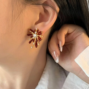 Elegant floral fireworks earrings with red enamel and zircon on gold base for women