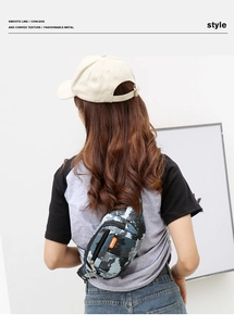 Rear view of a blue camouflage tactical waist bag with orange Sport tag on a model