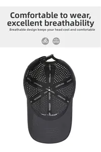 Detail view of breathable grey mesh structure and adjustable plastic buckle on sports cap