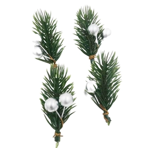 Set of four artificial Christmas pine picks with green needles and silver berries decorations