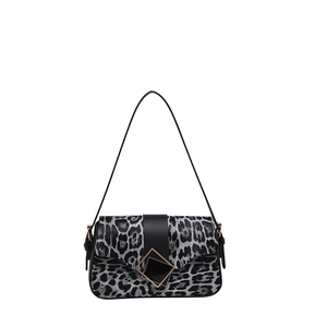 Fashionable leopard print shoulder bag with black flap and gold geometric square buckle