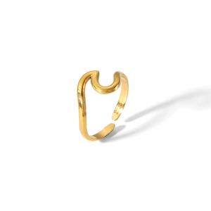 Bague ouverte ondulée ajustable en acier inoxydable doré 18 carats avec finition polie
