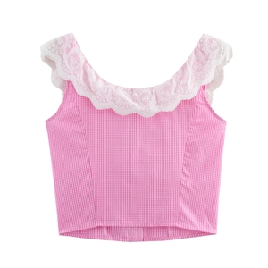 Pink gingham crop top for women with white lace trim and front button detailing