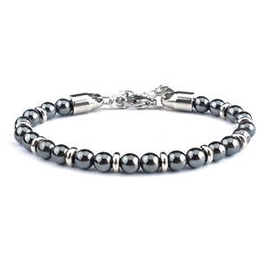 Detail view of dark grey map stone beads and silver metal lobster clasp on the bracelet