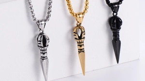 Three colors of retro Vajra pendants with bead chains in silver, gold, and black finishes