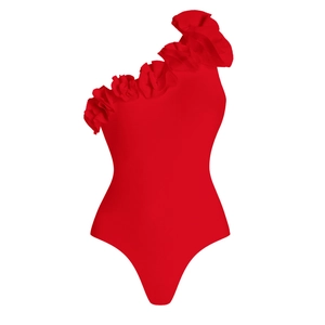 Détail du maillot de bain rouge asymétrique avec décorations de fleurs en relief