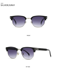 Detailed front and side views of silver metal square sunglasses with gradient gray lenses