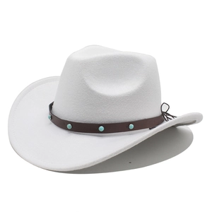 Close-up of a white felt cowboy hat featuring a leather band with turquoise-like studs