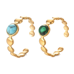 14K gold-plated stainless steel open rings set with turquoise and malachite stones