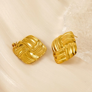French style 18k gold plated stainless steel square earrings with woven texture
