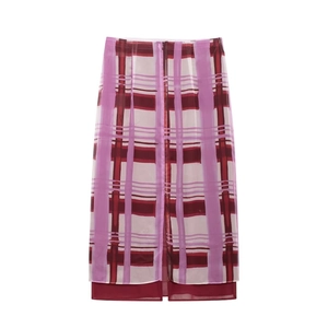 Women Plaid Midi Skirt Polyester Chiffon Mesh High Waist Invisible Zipper Bodycon Sweet Casual Elegant