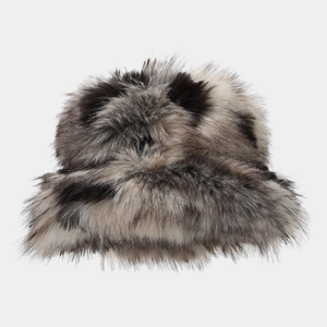 Detail of fluffy faux fur bucket hat featuring grey leopard print texture and soft fibers