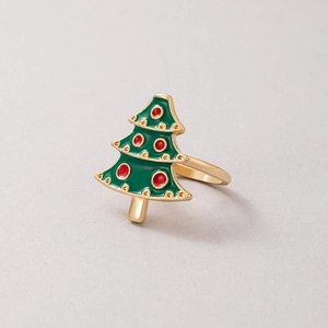 Festive gold Christmas tree ring with green enamel finish and red ornaments for holidays