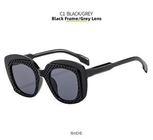 Detail view of square black frames with geometric grid texture and gray lenses