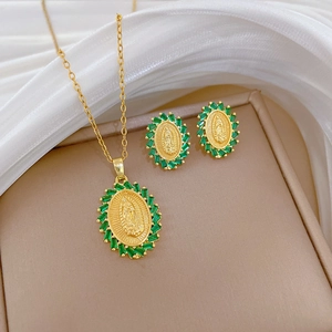 Vintage Virgin Mary Pendant Necklace And Stud Earrings Gold Plated Stainless Steel Green Rhinestone Jewelry For Women Gift