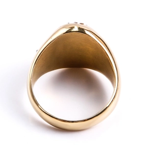Top view of gold-finished hip hop ring with sparkling diamond-set Virgin Mary design