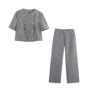 Women Elegant Grey Tweed Suit Double Breasted Short Sleeve Top And Straight Leg Pants Round Neck Commute Outfit
