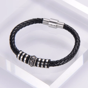 Men's black braided leather bracelet with stainless steel magnetic clasp and totem beads