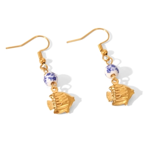 Gold tropical fish drop earrings with blue ceramic beads and sleek fringe