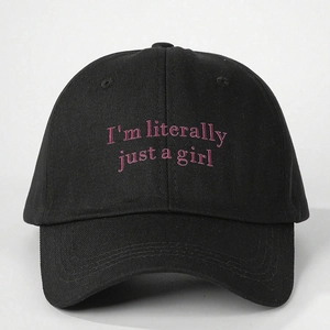 Classic black cotton baseball cap with pink I'm literally just a girl embroidery