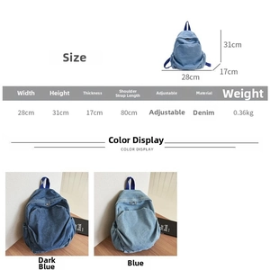 Detailed size chart and color comparison for the vintage denim backpack with dimensions