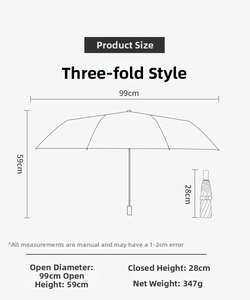 Three-fold umbrella size chart with dimensions including 99cm diameter and 28cm closed height