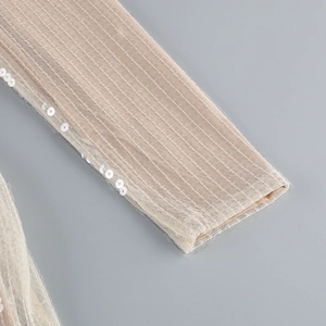 Macro view of champagne mesh sleeve with vertical texture and white sequin embellishments