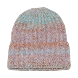 Detailed close-up of thick rib-knit texture and soft pastel gradient mohair yarn