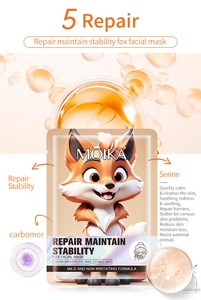 Detail of Moika cartoon fox face mask showing repairing benefits and serine ingredients