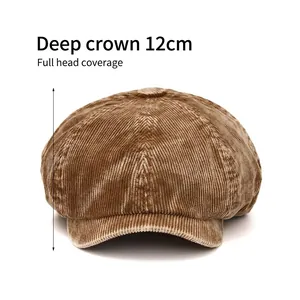 Vintage dark brown corduroy newsboy cap with 12cm deep crown and paneled design