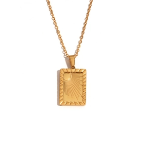 Minimalist 18K gold plated stainless steel sunburst rectangle pendant necklace for women