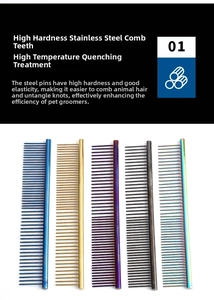 Detail of high hardness stainless steel pet combs in various plating colors and finishes