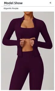Close-up of Kyoho Purple yoga set with full zip long sleeve jacket and high waist pants