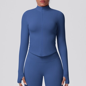 Close-up of seamless blue yoga jacket with thumb holes and high-elastic knit texture