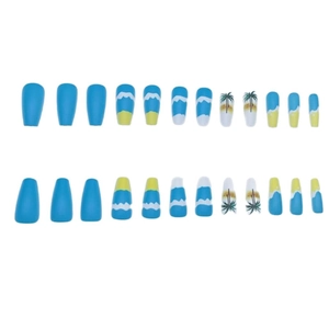 Summer beach ocean theme trapezoid press-on nails with palm tree and wave patterns