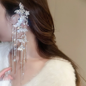 Silver fringe ear cuff with sparkling zircon butterflies and long tassel chain detail