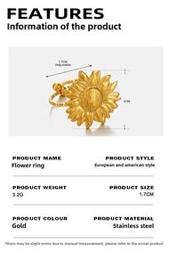 Détails de bague tournesol réglable en acier doré avec spécifications de taille et poids
