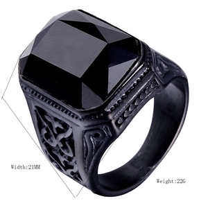Retro black stainless steel ring for men featuring a large rectangular faceted gemstone