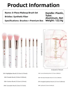 Detailed size specifications for 8-piece marble makeup brush set with metal storage box