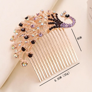 Rose gold peacock hair comb with purple rhinestones and pearls for bridal hairstyles