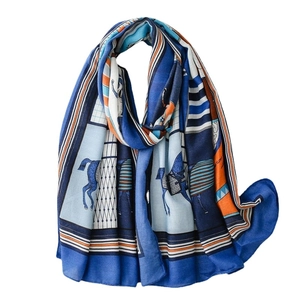 Blue and orange silk scarf with luxury horse carriage pattern and elegant satin texture