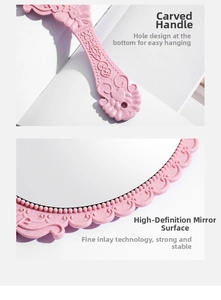 Detail of pink vintage hand mirror featuring intricate carved handle and hanging hole design