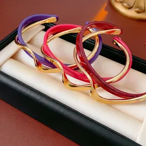 Minimalist double-layered gold-plated wavy open bracelets with colorful enamel glaze