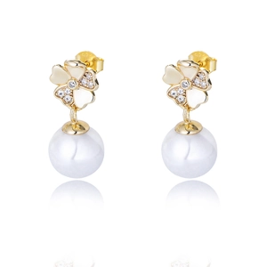 Elegant S925 silver gold floral earrings with white pearls and sparkling zircons