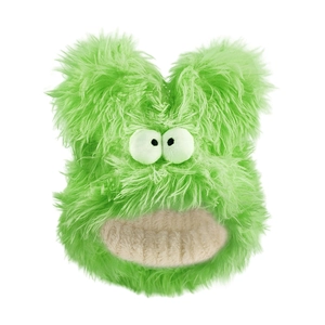 Close-up of green plush headband featuring cute monster eyes and corduroy fabric mouth