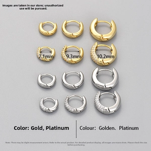 Micro-view of gold and platinum hoop earring sizes 7.1mm, 9.3mm, 10.2mm with cubic zirconia