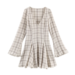 Damen Kariertes Mini Kleid V Ausschnitt Lange Glockenärmel Hohe Taille Elegantes Süßes Vintage Design