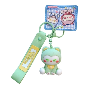 Mignon porte-clés chat floqué vert clair avec sangle Little Monster pour charme de sac