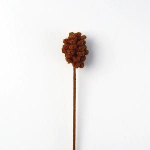 Macro detail of a brown handcrafted wool hazelnut flower on a minimalist white background